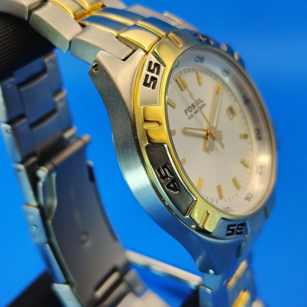 New! Vintage 2001 Fossil PR-5340 Two Tone Date 40mm Mens Quartz Watch Full Set‎